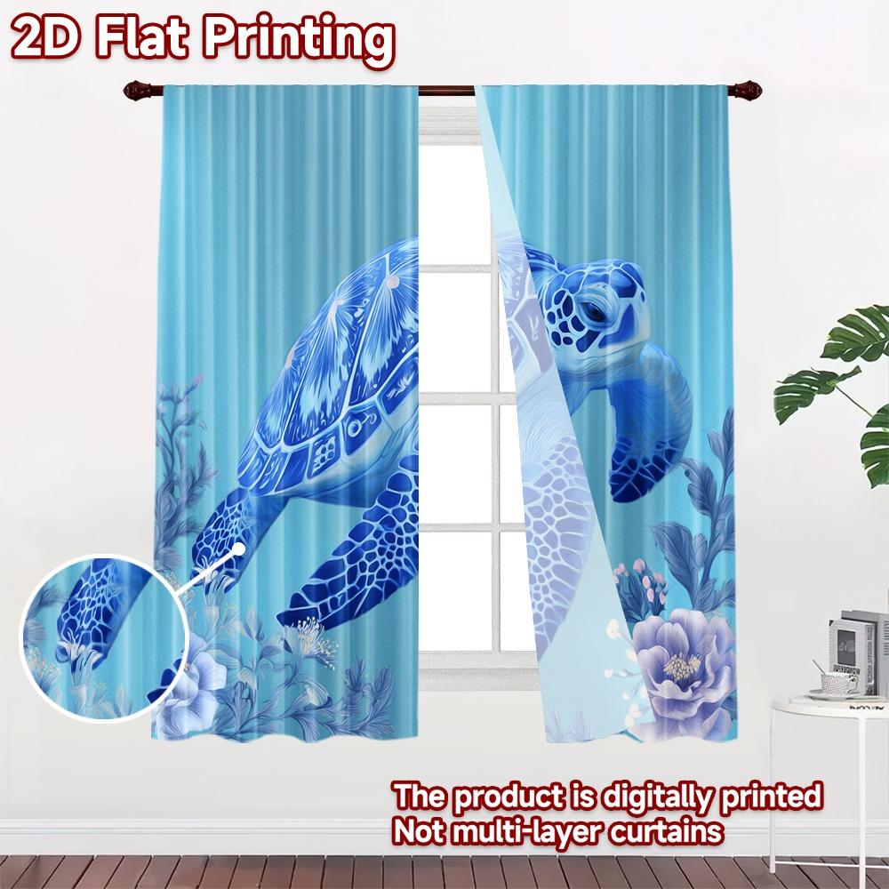 2D Flat Printing 2pcs Curtains Blue Sea Turtle Floral Tapestry Digital Printed Polyester Drapes Family Party for Home Wall Yard