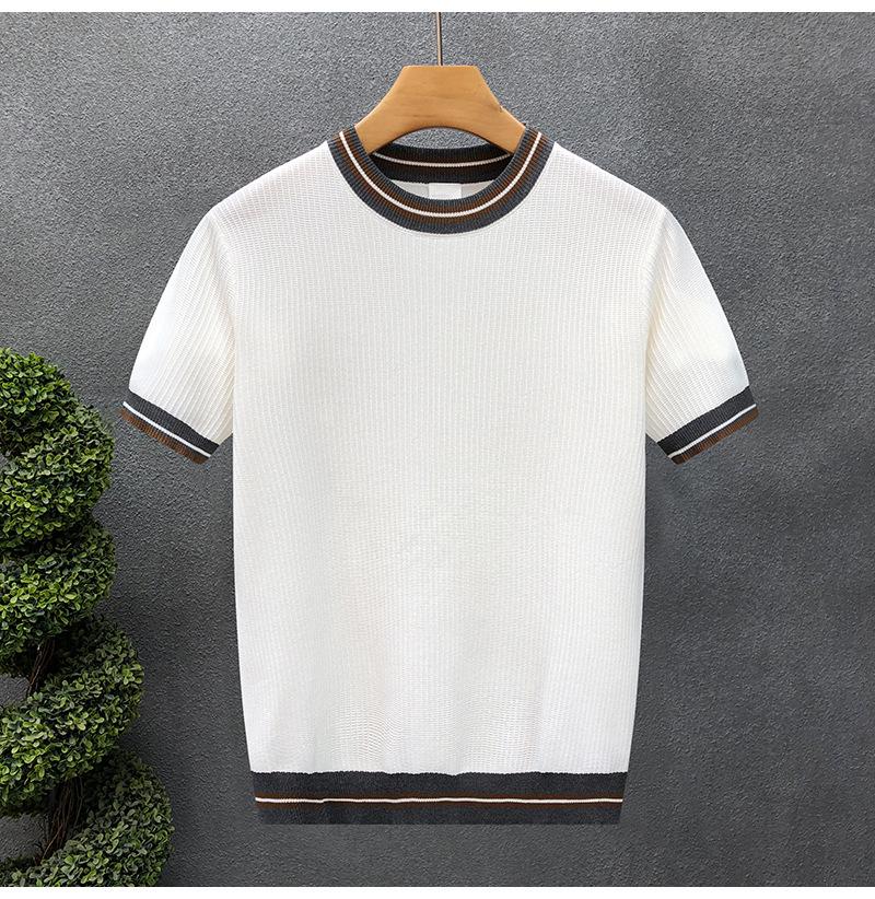 Summer Men's White Striped Short-Sleeve Knit Top