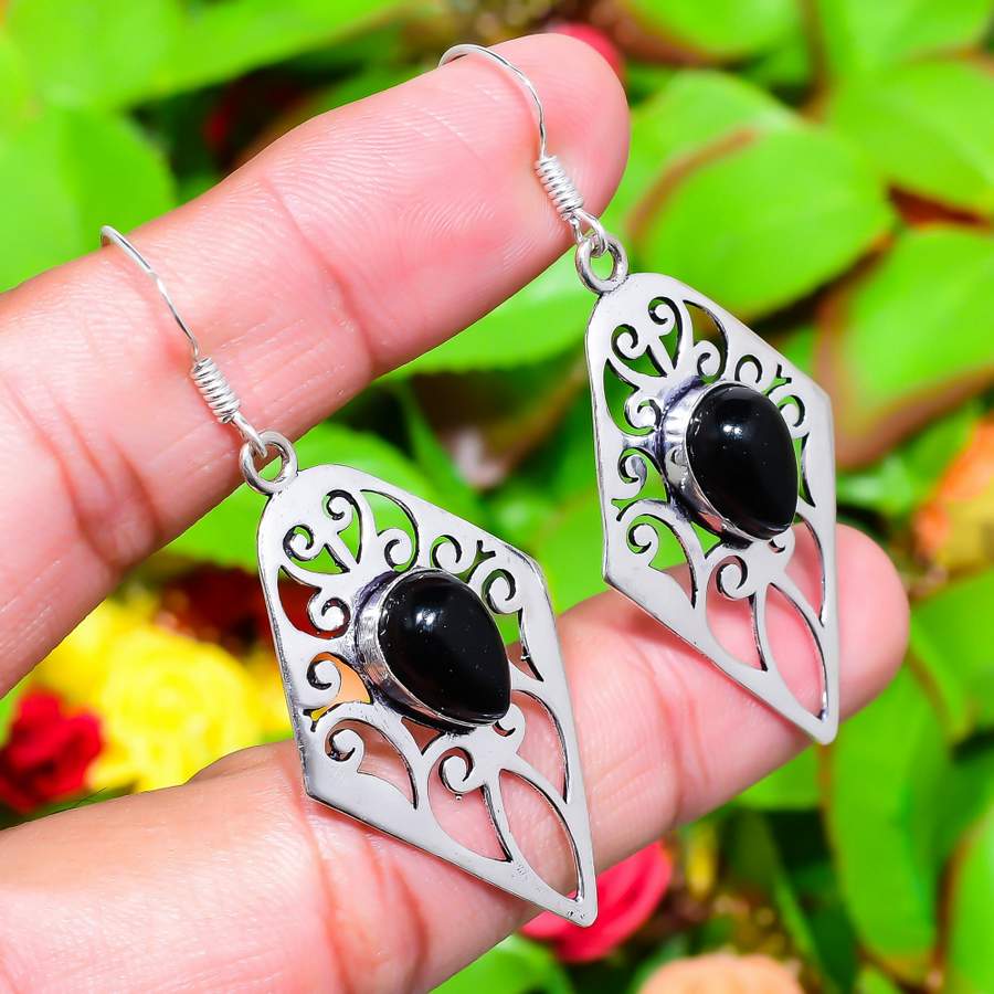 Natural Black Onyx Gemstone Handmade 925 Sterling Silver Earring 2.32" G3a20