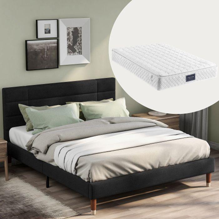 Lit double capitonné - MUVOE - 140x200cm - Lin noir - Matelas inclus - Design classique