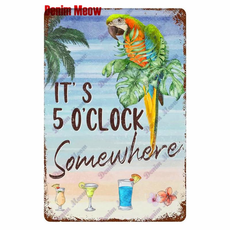 Metal Tin Sign Wall Decor, Vintage Parrot Cocktail Bar Plates, Kitchen Painting Decor, It's 5 O'clock, WY23