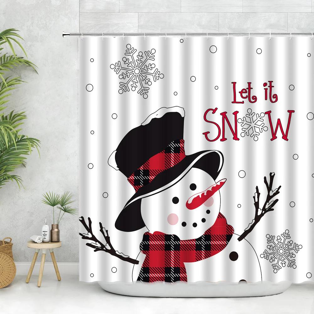Cartoon Snowflake Snowman Shower Curtains Set Merry Christmas Deer Pine Tree Santa Claus New Year Bathroom Decor Fabric Curtains