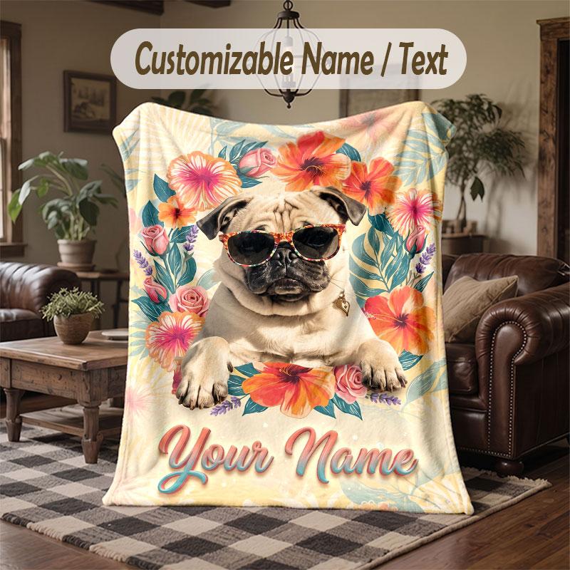 Pug Theme Throw Blanket Custom Name Text Personalized Blanket Soft Cozy Blanket for Home Sofa Bed