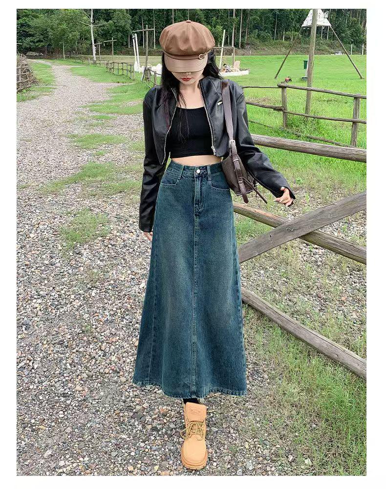 High-Waisted Midi Denim Bodycon Skirt: Women s 2025 A-Line Fashion with Slit Medium