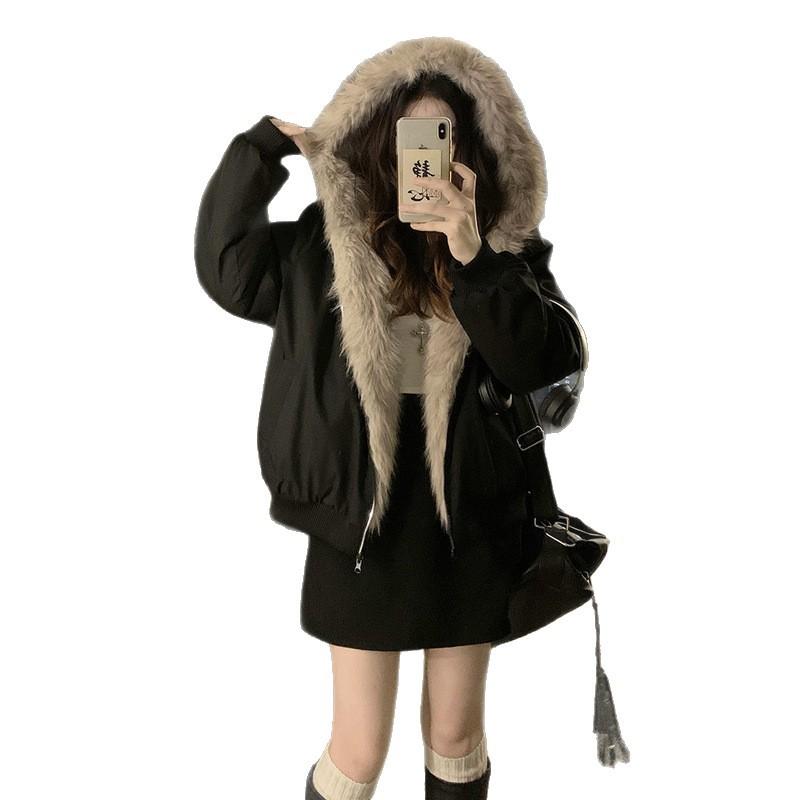Autumn Winter Women Y2k Fur Collar Hood Thick Parkas Women's Elegant Liner Fur Loose Coat  Casual Outerwear Cotton Padded Jackets