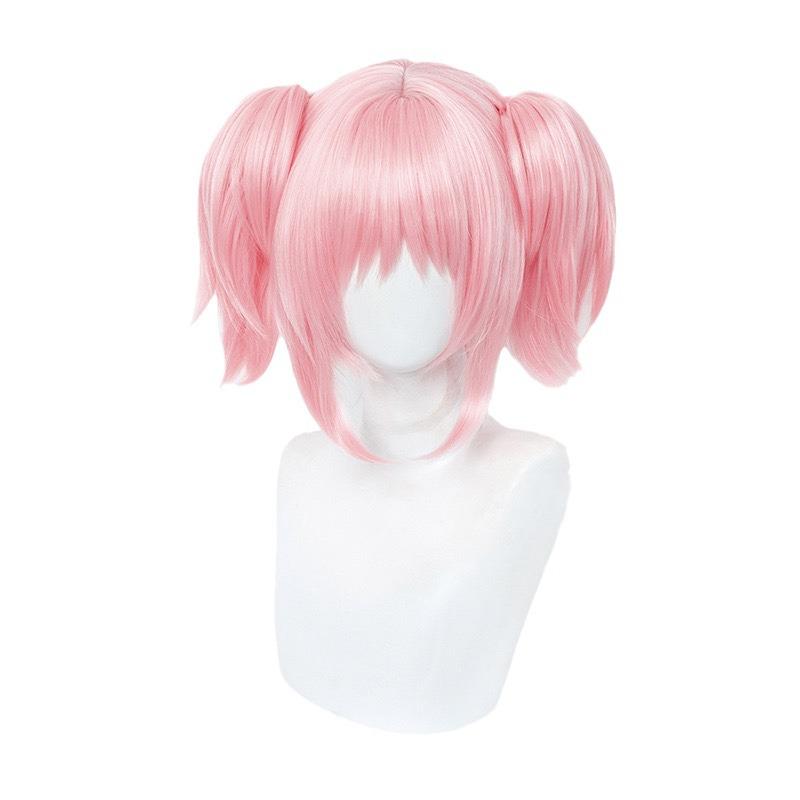 Kaname Madoka Cosplay Wig - Pink Short Straight Hair with Pigtails and Headgear