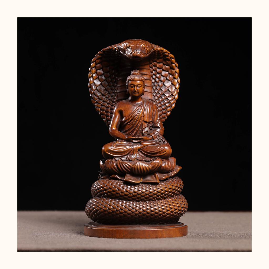 Antike Schlangen-Buddha-Statue, Huangyang (Buchsbaum), Holzschnitzerei, Buddha-Skulptur im antiken Stil