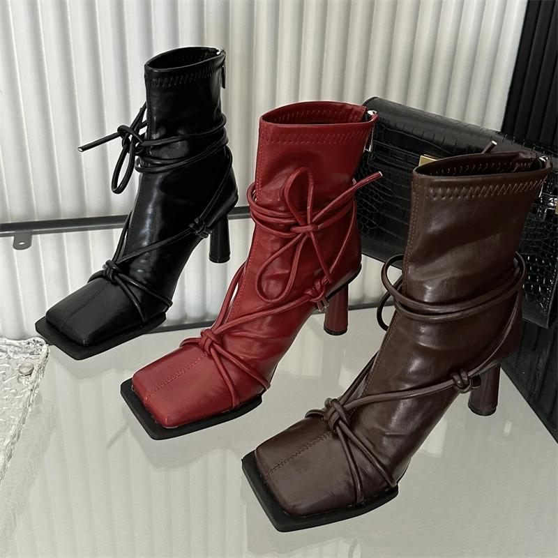 Spring Autumn Design Cross- Strap Women Ankle Boots Punk Style Square Toe High Heels Zipper Booties Shoes
