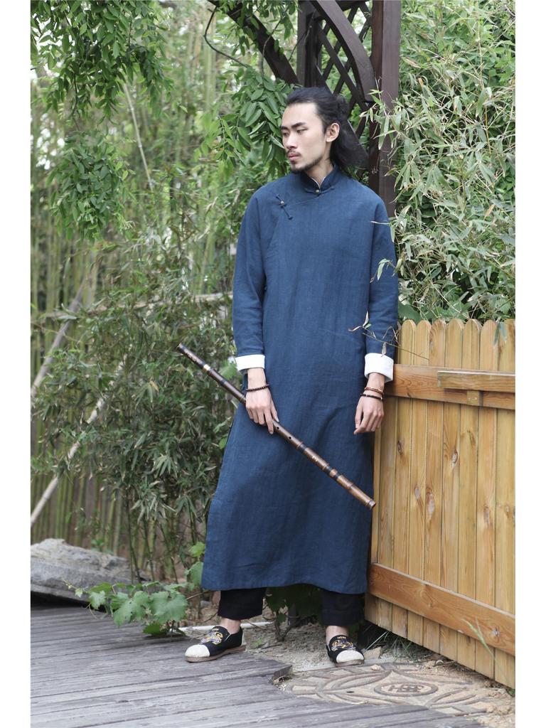 Ležérní dlouhé šaty Hanfu ve stylu éry Republiky, taoistický lněný župan s pan sponou a měděnými knoflíky