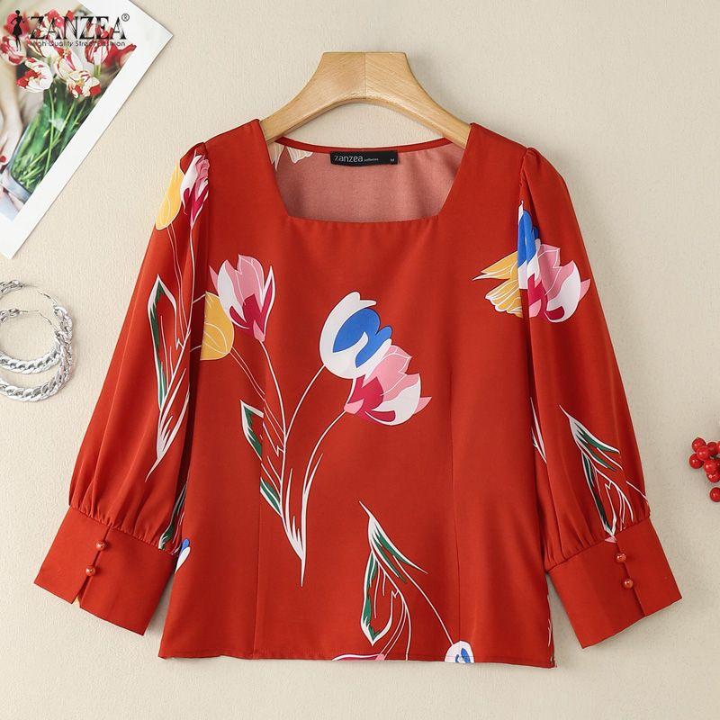 ZANZEA Women Casual Square Collar Summer 3/4 Sleeve Print Blouse
