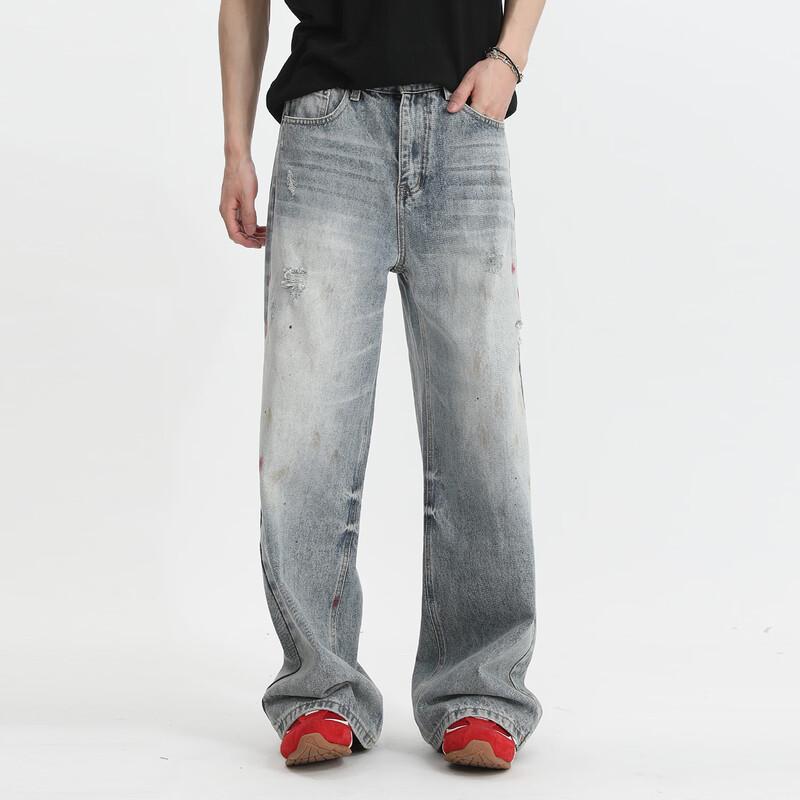 VOGUO RELAY Unisex Distressed Ripped Wide-Leg Jeans M
