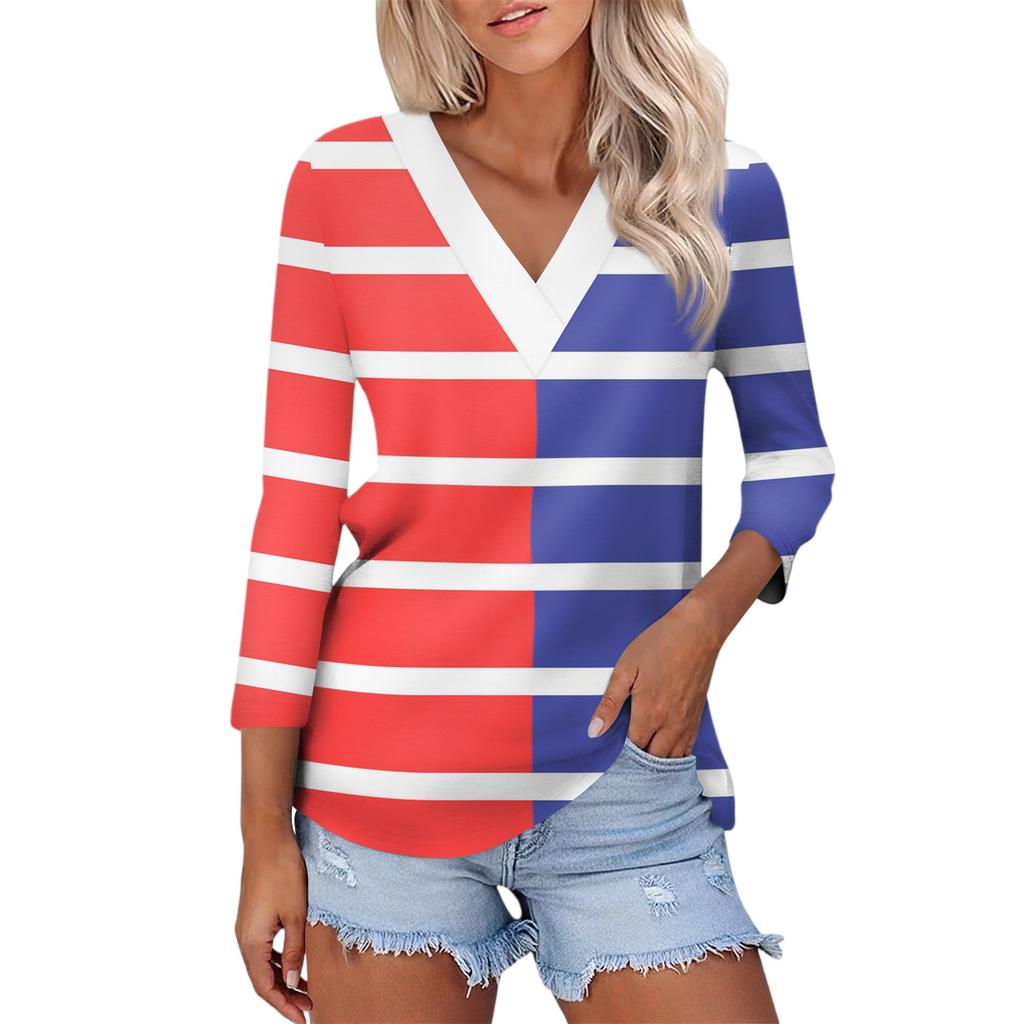 Women's Casual Fashion Sexy Comfortable V-neck Splicing Geometric Pattern Three-quarter Sleeve Top