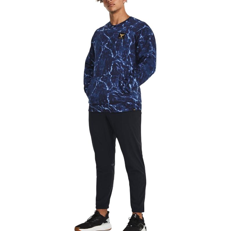 Under Armour Project Rock Rival Printed Fleece Crew Sweatshirt Men Sweatshirts Midnight-Deep-Blue 1380119-410