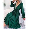 Women's Autumn-winter Style V-neck Lace Pinched Waist Long Dress