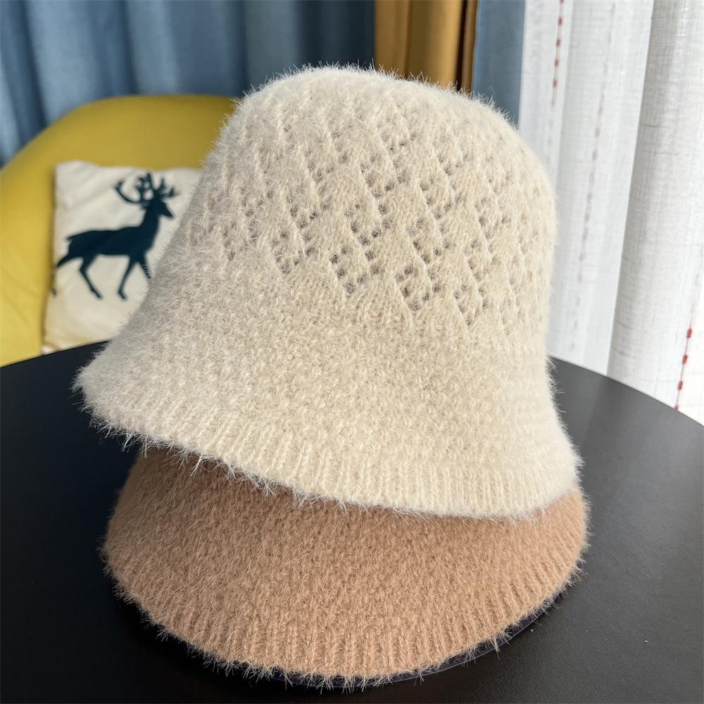 

Round face suitable hat women s knitted crochet bucket hat autumn and winter face small wool bucket hat basin hat Adult average size бежевий