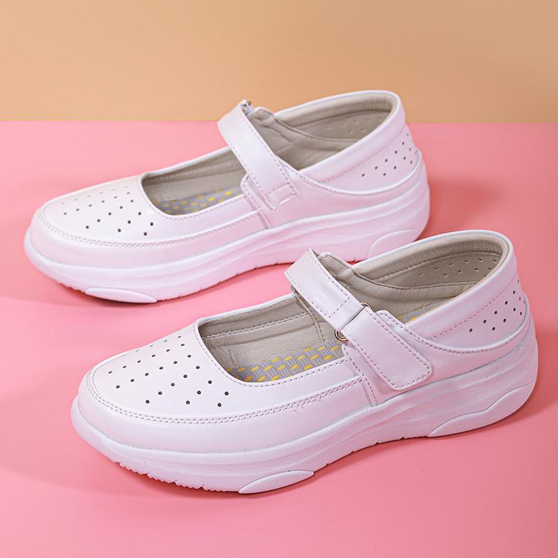 Spring White Cowhide Comfortable Nurse Shoes Women's Soft Sole Non-slip Breathable Not Tired Feet Deodorant Medical Shoes Hollow Shoes