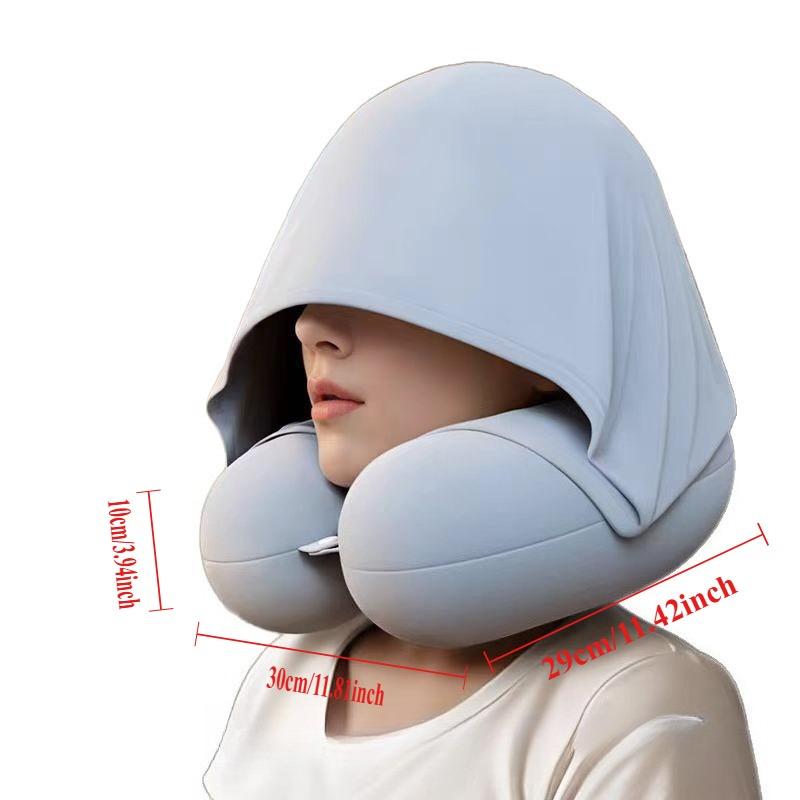 Summer Ice Silk Hooded U-shaped Neck Pillow Portable Neck Support Pillow Travel Car Plane Office Napping Sleep Rest Cushion