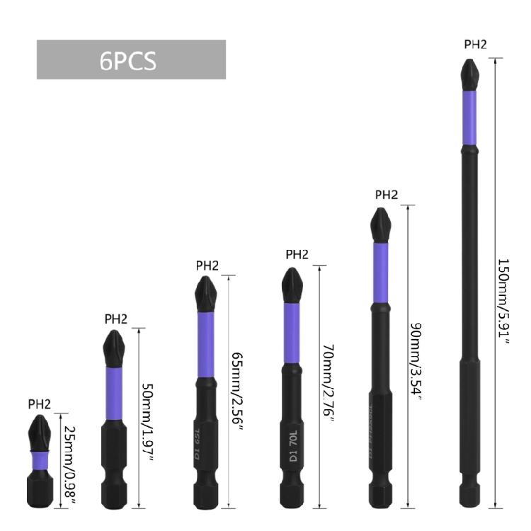 6dílná magnetická protiskluzová vrtací sada přenosných magnetických bitů, nárazuvzdorná sada bitů PH2 s magnetickou hlavicí