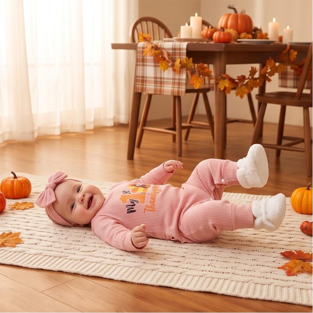 Mädchen Thanksgiving Geripptes Langarm-Truthahn mit Stirnband Herbst-Outfit