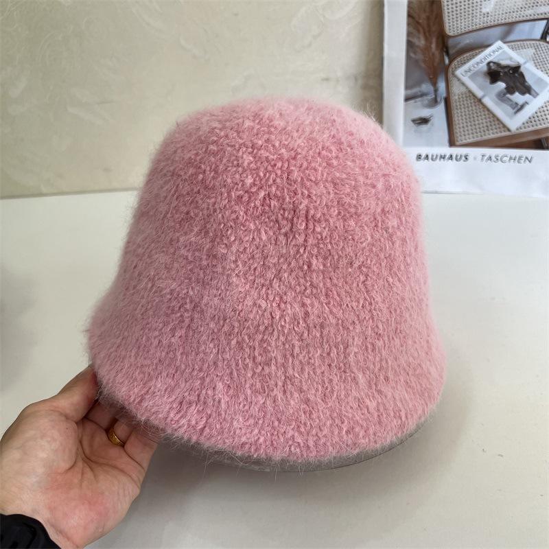 Autumn and winter new rabbit fur knitted bucket hat women's fashion literary warmth straight fisherman hat