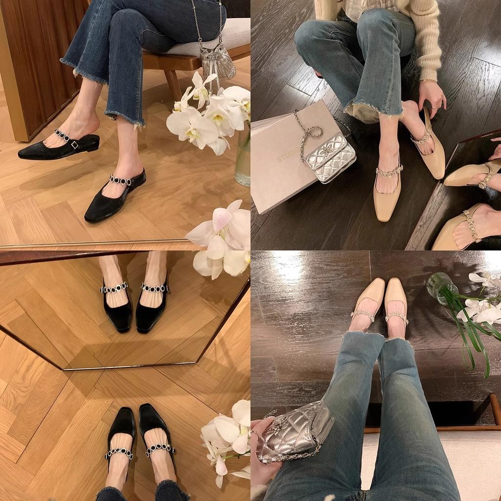 Spring Small Square Head Shallow Mouth Cm Inner Height Increase Square Head Word with Shallow Mouth Versatile Muller Half Slippers