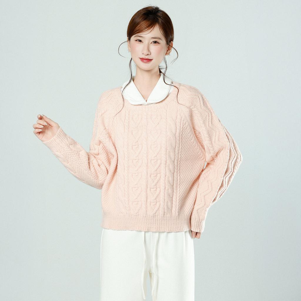 Korean Gentle Wind Pink Twist Crew Neck Thick Sweater Women's Winter Loose Inner Bottom Knitted Top