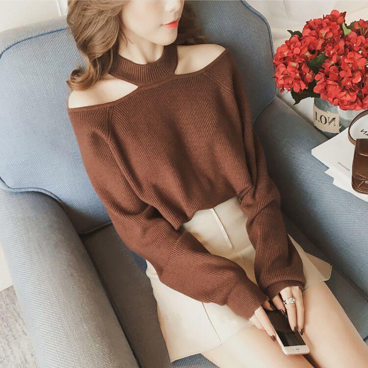 Sexy Hanging Neck Pullover Sweater Solid Color Casual Off shoulder Sweater Autumn Winter Korean Knitwear Long-sleeve Knitted Sweater Jacket Outer Wear