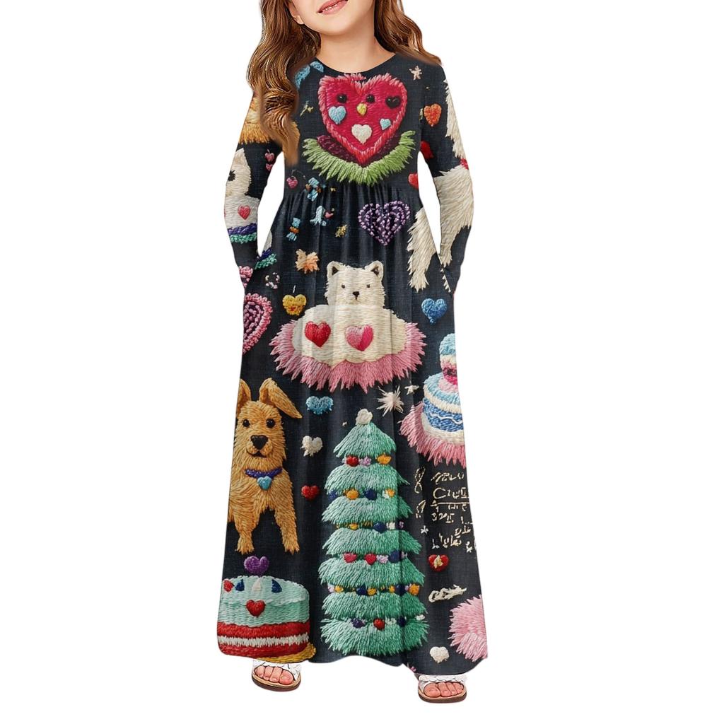 Girls' Maxi Dress - Long Sleeve Pocket Dress Valentine's Day