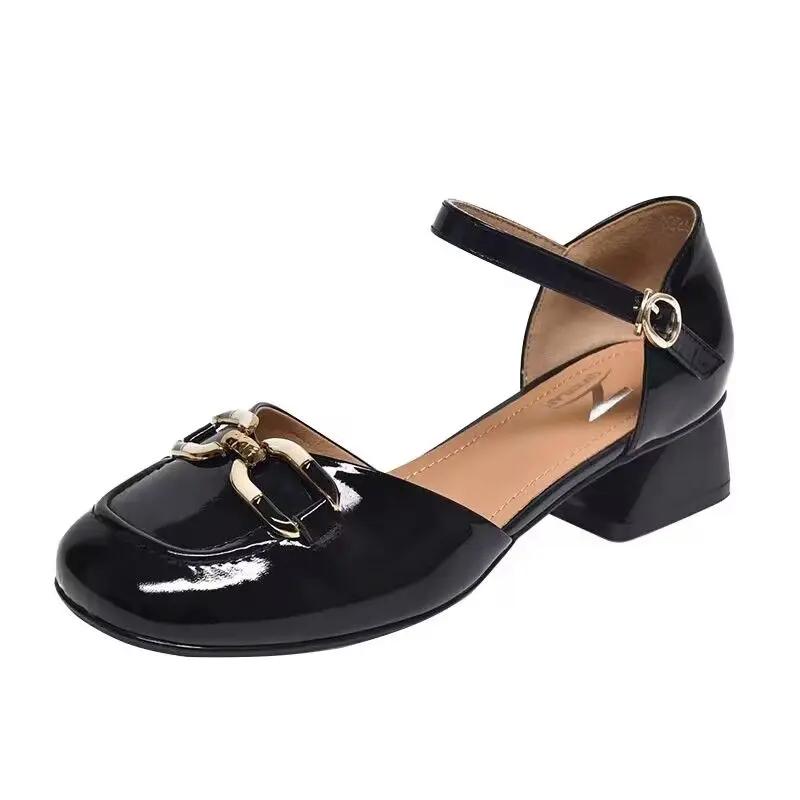Fashion Block Heel Ladies Footwear Cute Metal Decoration Women's Shoes Chunky Heels Luxury Leather Casual Low Elegant Round Toe Kawaii E