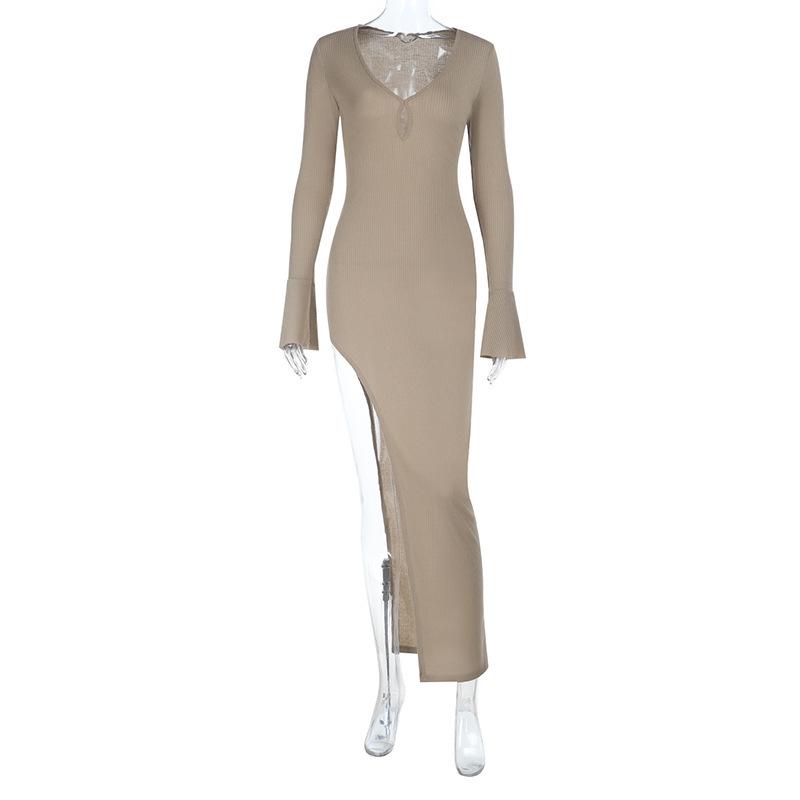 Knitted long-sleeved sexy hollow-cut dress for women ins European and American vacation style Spice Girl slim dress