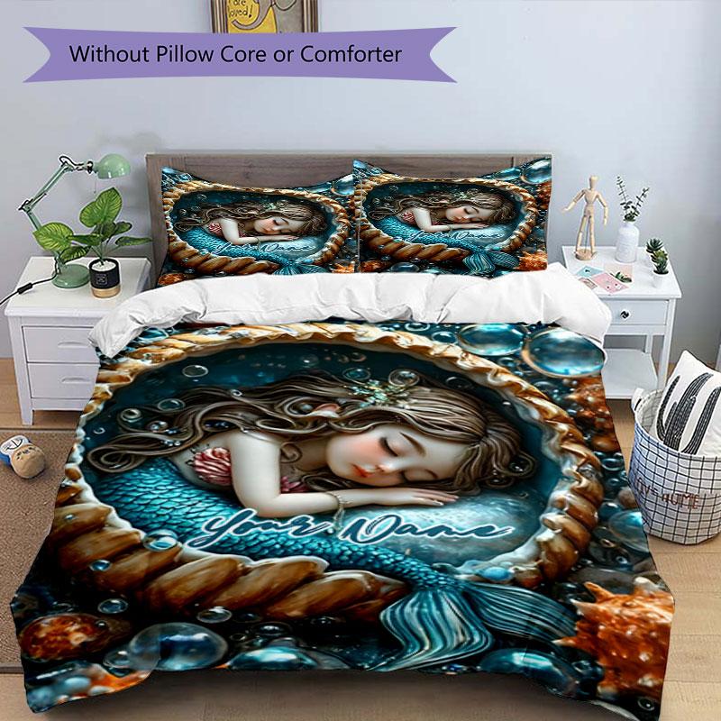 3pcs Custom Name Mermaid Dreams Underwater Bedding Set Printed Bedding Set Duvet Cover Closure Includes 1 Duvet Cover & 2 Pillowcases Bedroom Decor