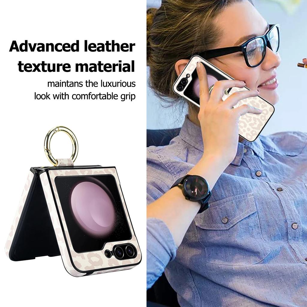 Ring Holder Matte Leather Case For Samsung Galaxy Z Flip 6 5 4 3 Flip5 Flip4 5G Leopard Pattern Ultra Thin Skin Feeling Cover