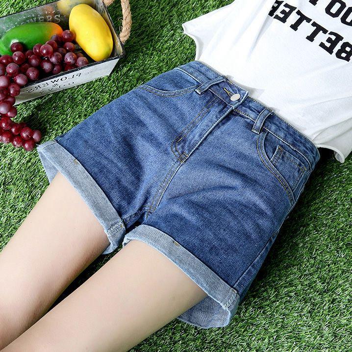 Women s High-Waisted Loose Denim Shorts - Korean Style, Rolled-Up Wide-Leg Hotpants with Floral Bud Design S