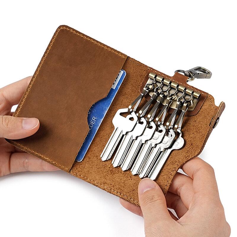 Crazy Horse Leather Key Bag Men's Multi Functional Waist Hanging Keys Cards Cover