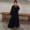 Womens 2026 Loose Fit V-Neck Lantern Sleeve Maxi Dress With Ruffle Hem - Solid Color Casual Style