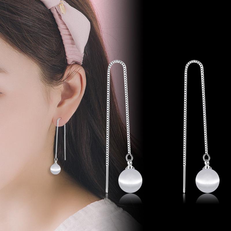 Qiaolanxuan Trendy Korean Style Cat's Eye Stone Long Drop Earrings and Ring Set for Women
