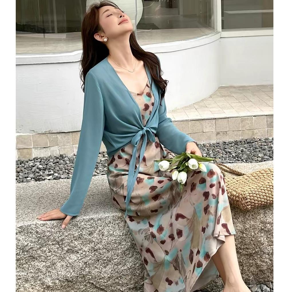 Summer vacation style floral long-sleeved shawl suspender dress women's two-piece long dress new thin temperament skirt