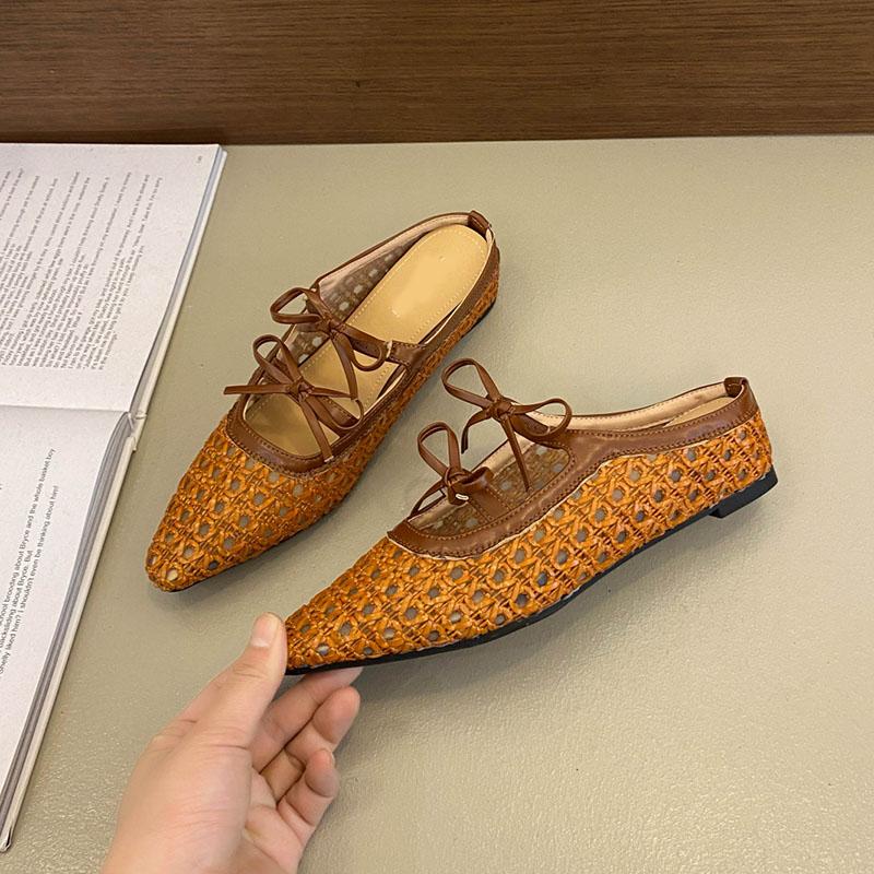 Comemore Women Weave Slippers Lace Up Middle Heel Sandals Casual Solid Woman Shoes Summer New Baotou Half Mules Shallow Slides