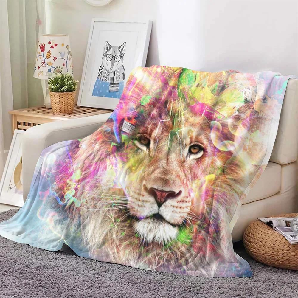 Colourful Lion Pattern Flannel Throw Blanket King Queen Size Super Soft Warm Blanket for Bed Sofa Couch Lightweight Kid Boy Gift