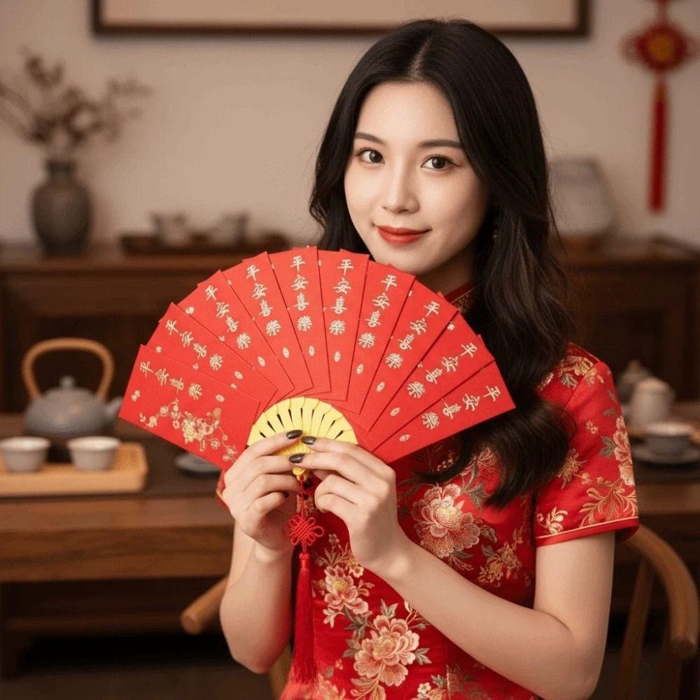 Traditional Fan Design Red Envelope with Chinese Knot Tassel Children's Money Bag 10 Cards Thickened Lucky Money Packet Gift