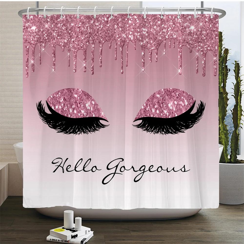 Girl Pink Silver Eyelash Shower Curtain Gorgeous Waterproof Polyester Fabric Bath Curtains Glitter Bathtub Screen with Hooks