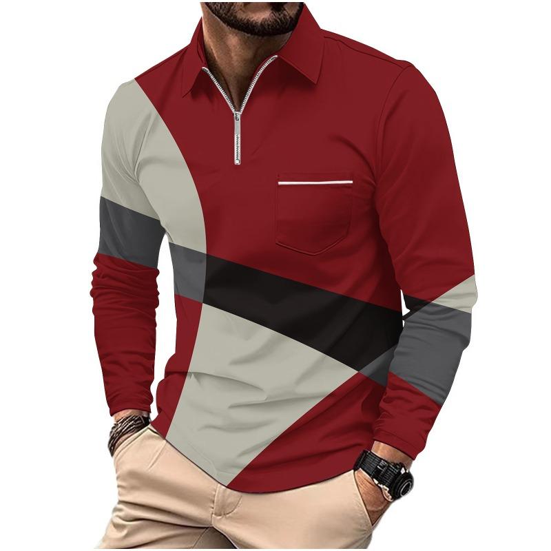 Men's Printed Polo Shirt with Zipper Pocket Sports Long Sleeved Polo Shirt