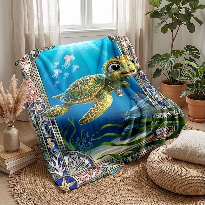 Ocean Adventure Turtle 7 Theme Blanket Lightweight Warm Flannel Blanket Decorative Throw Blanket for Home Decoration