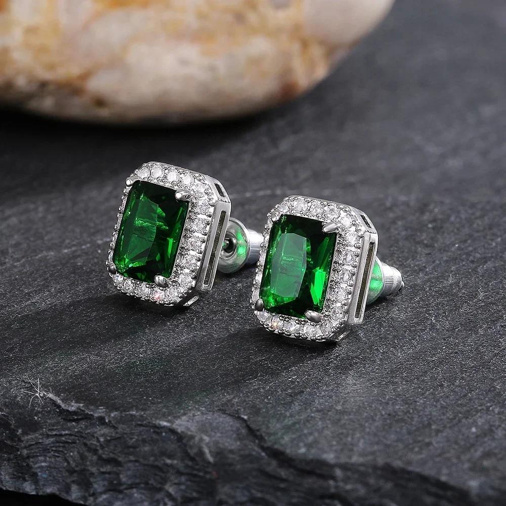 Square Green Zircon Earrings For Women'S Elegant Party Anniversary Gift Eternal High Grade Sparkling White Crystal
