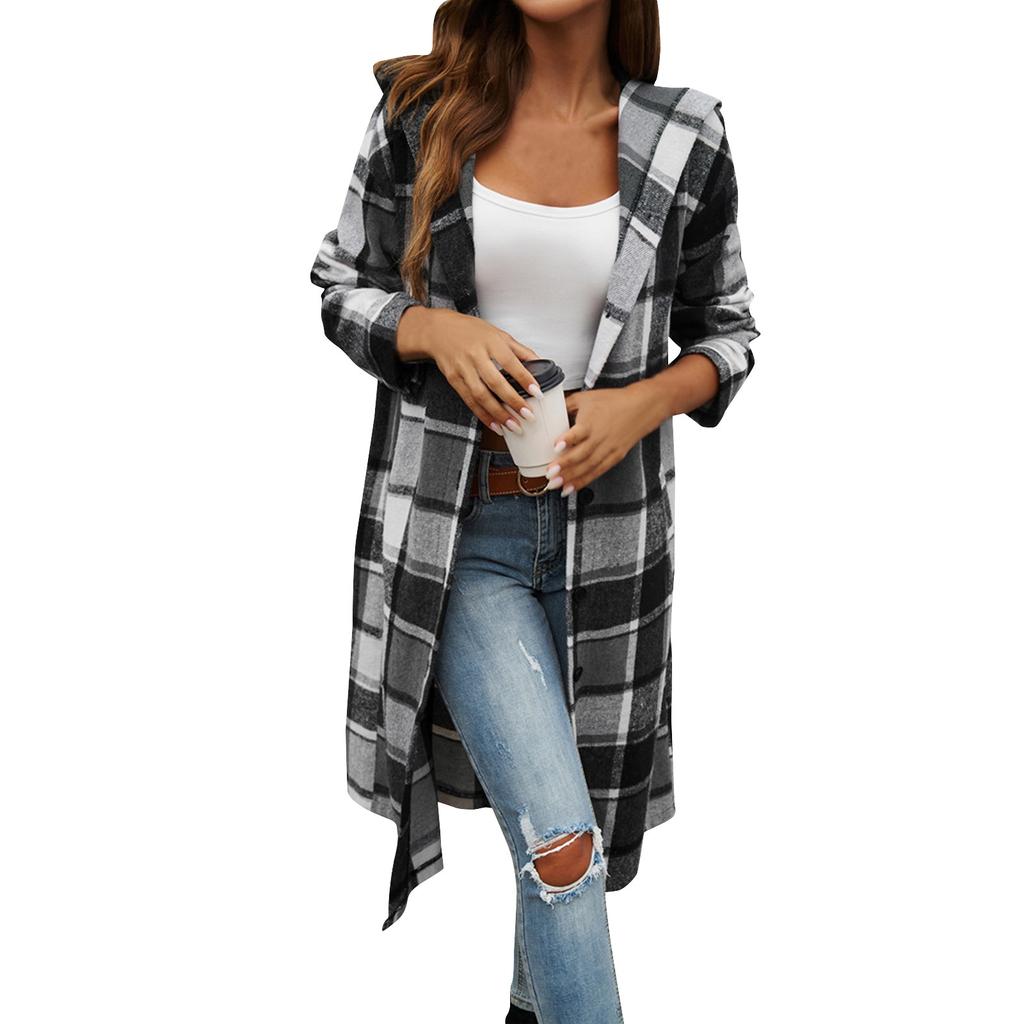 Women's Casual Fashion Comfortable Leisure Loose Contrast Color Buttoned Hooded Jacket
