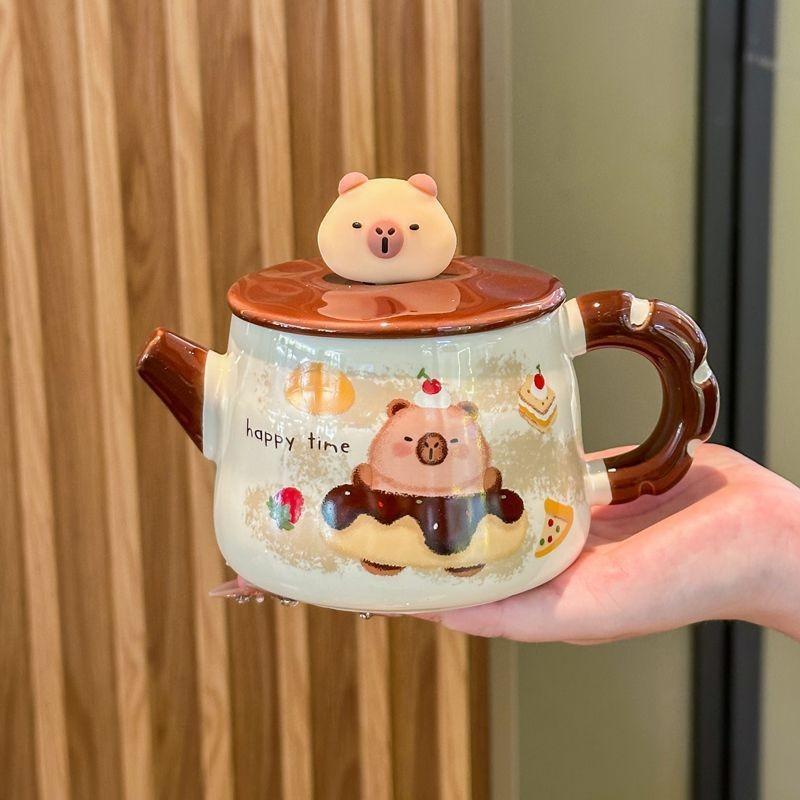 Capybara Keramiktasse mit Deckel und Löffel für Mädchen zum Trinken von Wasser im Büro mit hochwertig aussehender Kaffeetasse Geburtstagsgeschenk 301-400ml