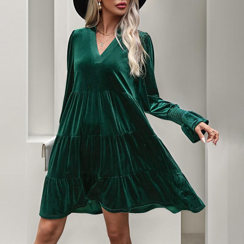 Amazon Europe and the United States cross-border foreign trade women's clothing autumn atmosphere elegant skirt V-neck ruffle edge velvet dress