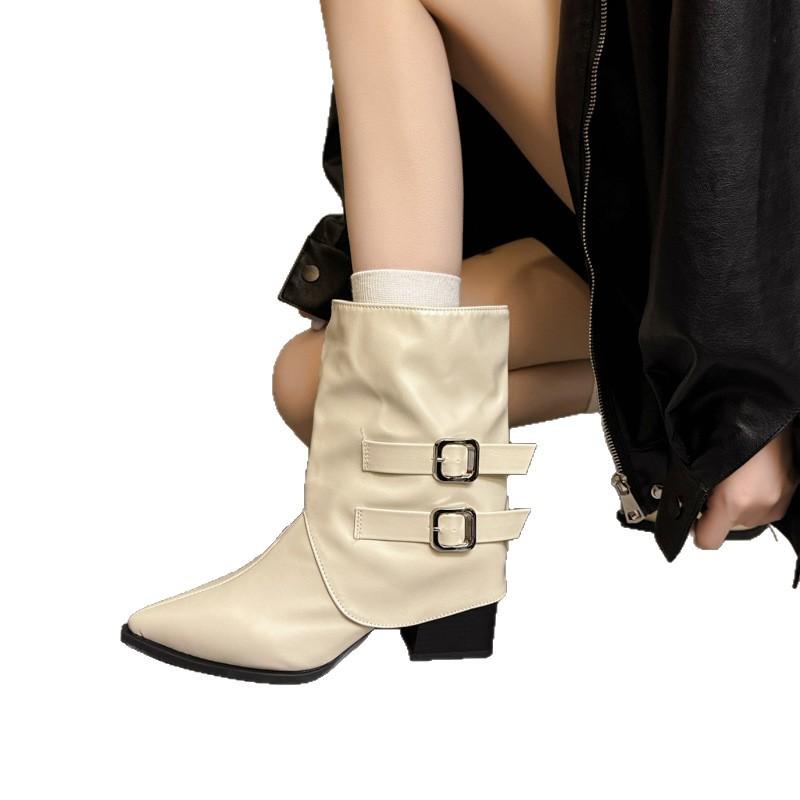 [Fanfna] pointed high-heeled short boots for women's 2025 autumn new retro niche belt buckle medium tube pants tube boots