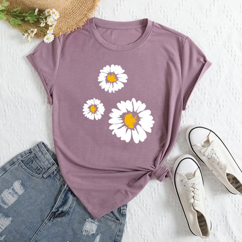 Sommer Damen T-Shirts mit Drei-Gänseblümchen-Print, locker, Rundhalsausschnitt, lässig, reine Baumwolle, kurzärmelig, Damen
