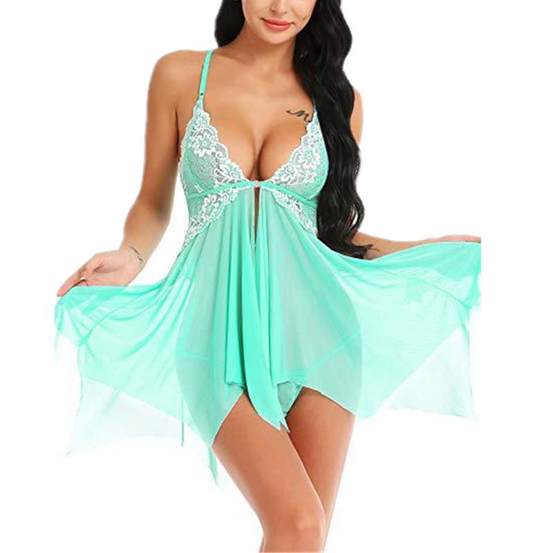 S-3XL Plus Size Fashion Nightgown Women Lace Nightdress Lingerie Dress Front Split Babydoll Deep V Neck Sleepwear Nightwear Asymmetric Sleepwear